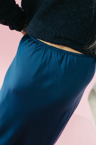Frankie Satin Midi Skirt in Navy