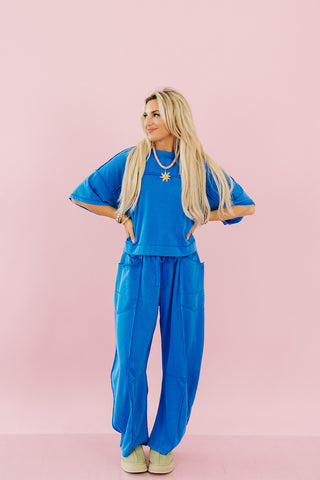 Kaylie Barrel Pant Lounge Set in Blue