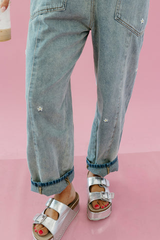 Daisy Embroidered Overalls in Denim