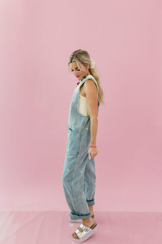 Daisy Embroidered Overalls in Denim