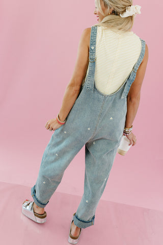 Daisy Embroidered Overalls in Denim