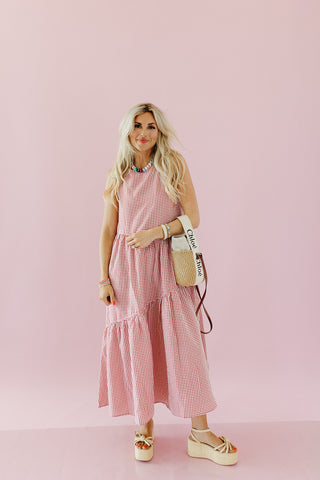 Maggie Asymmetric Hem Midi Dress in Red Gingham