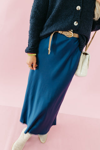 Frankie Satin Midi Skirt in Navy
