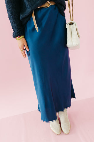 Frankie Satin Midi Skirt in Navy