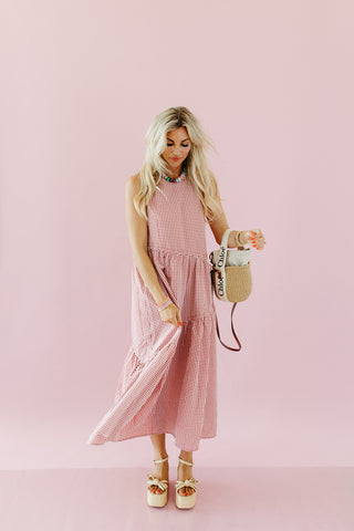 Maggie Asymmetric Hem Midi Dress in Red Gingham