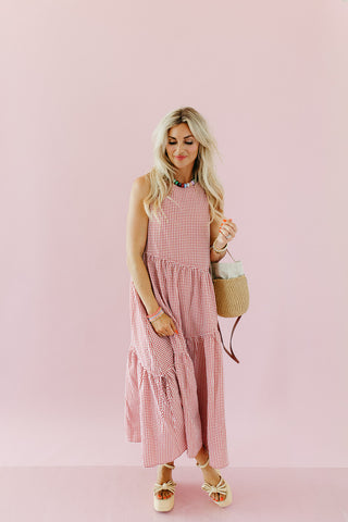 Maggie Asymmetric Hem Midi Dress in Red Gingham