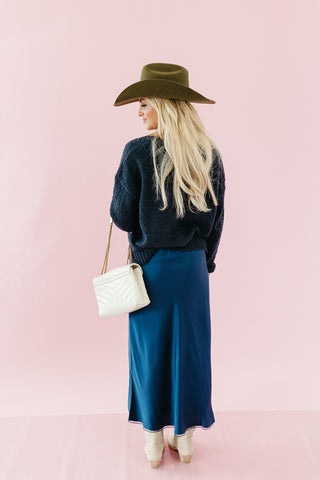 Frankie Satin Midi Skirt in Navy