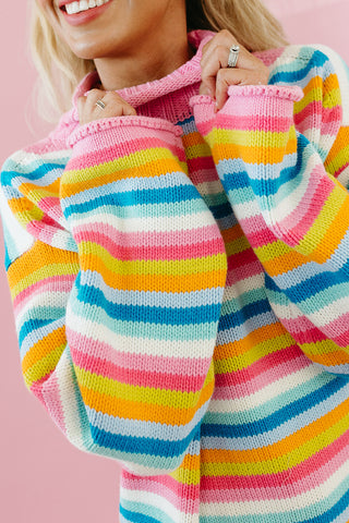 Cambri Mock Neck Stripe Sweater in Hibiscus Multi