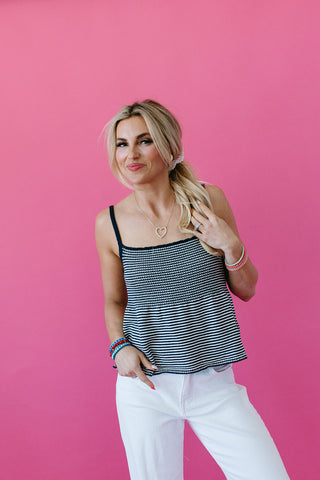 Kendra Knit Peplum Cami Top in Navy/Ivory
