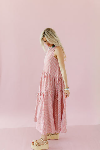 Maggie Asymmetric Hem Midi Dress in Red Gingham