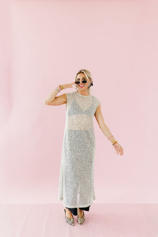 Luna Sequin Mesh Midi Dress in Oatmeal