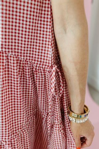 Maggie Asymmetric Hem Midi Dress in Red Gingham