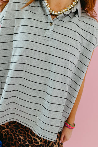 Alley Stripe Polo Top in Grey