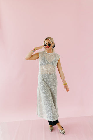 Luna Sequin Mesh Midi Dress in Oatmeal