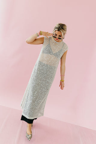 Luna Sequin Mesh Midi Dress in Oatmeal