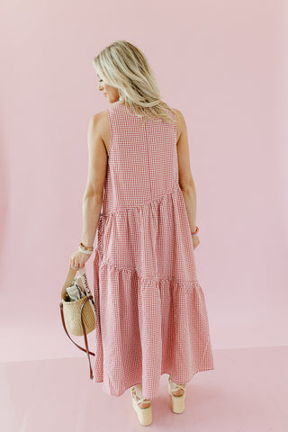 Maggie Asymmetric Hem Midi Dress in Red Gingham