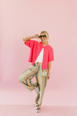Mary Top Button Short Sleeve Sweater in Bright Pink