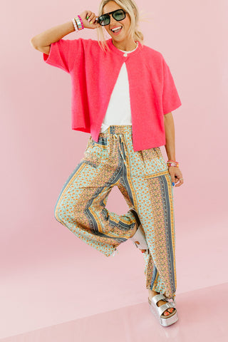 Mary Top Button Short Sleeve Sweater in Bright Pink