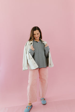 Lucy Stripe Long Sleeve in Grey/Navy
