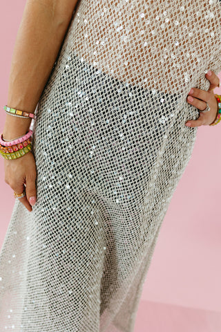 Luna Sequin Mesh Midi Dress in Oatmeal