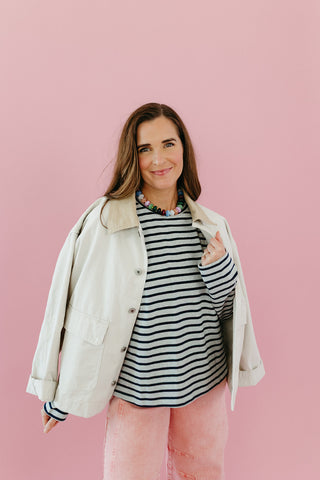 Lucy Stripe Long Sleeve in Grey/Navy