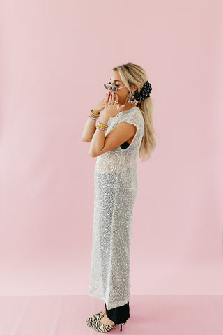 Luna Sequin Mesh Midi Dress in Oatmeal