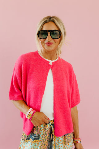 Mary Top Button Short Sleeve Sweater in Bright Pink