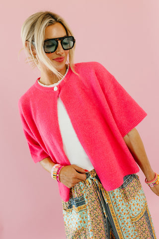 Mary Top Button Short Sleeve Sweater in Bright Pink