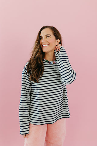 Lucy Stripe Long Sleeve in Grey/Navy