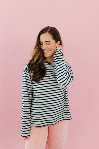Lucy Stripe Long Sleeve in Grey/Navy