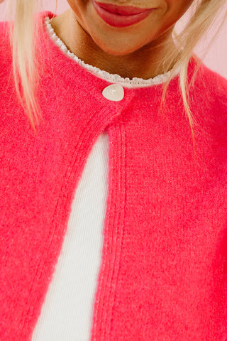 Mary Top Button Short Sleeve Sweater in Bright Pink