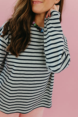 Lucy Stripe Long Sleeve in Grey/Navy