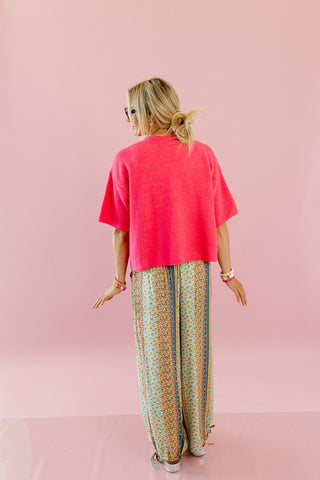Mary Top Button Short Sleeve Sweater in Bright Pink
