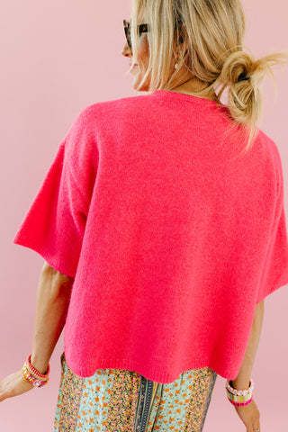 Mary Top Button Short Sleeve Sweater in Bright Pink