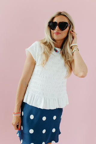 Teagan Smocked Ruffle Hem Top in Off White
