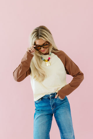 Penny Baseball Knit Top in Butter/Expresso