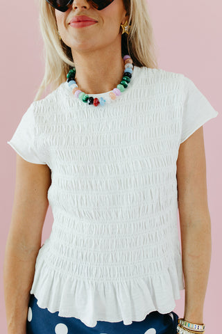 Teagan Smocked Ruffle Hem Top in Off White