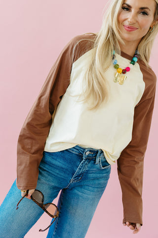 Penny Baseball Knit Top in Butter/Expresso