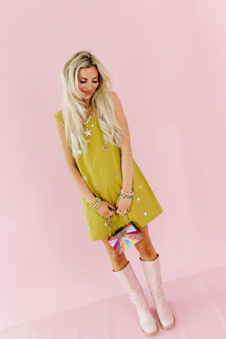 Taty Mirror Embellished Mini Dress in Olive