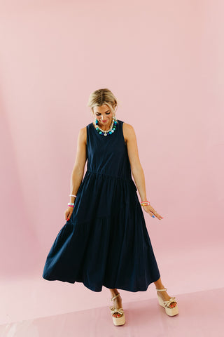 Maggie Asymmetric Hem Midi Dress in Midnight