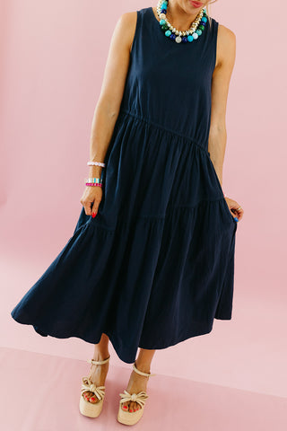 Maggie Asymmetric Hem Midi Dress in Midnight