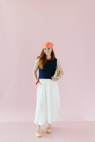 Esme Mix Media Midi Dress in Navy/Cream