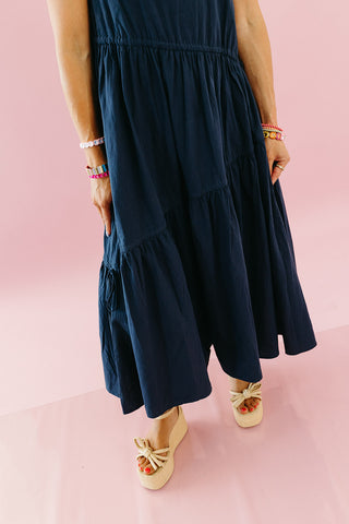 Maggie Asymmetric Hem Midi Dress in Midnight