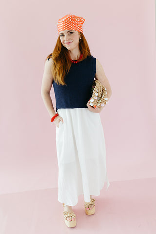 Esme Mix Media Midi Dress in Navy/Cream