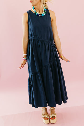 Maggie Asymmetric Hem Midi Dress in Midnight