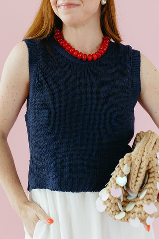 Esme Mix Media Midi Dress in Navy/Cream