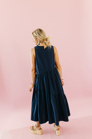 Maggie Asymmetric Hem Midi Dress in Midnight