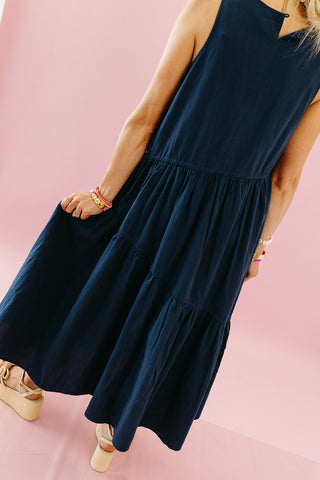 Maggie Asymmetric Hem Midi Dress in Midnight