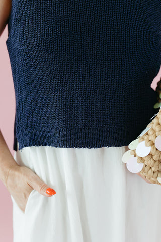 Esme Mix Media Midi Dress in Navy/Cream