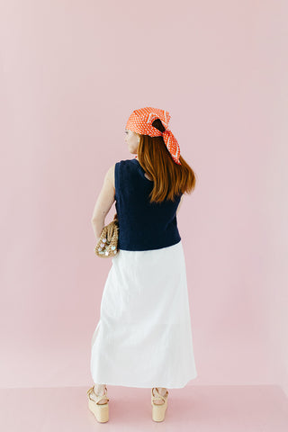 Esme Mix Media Midi Dress in Navy/Cream